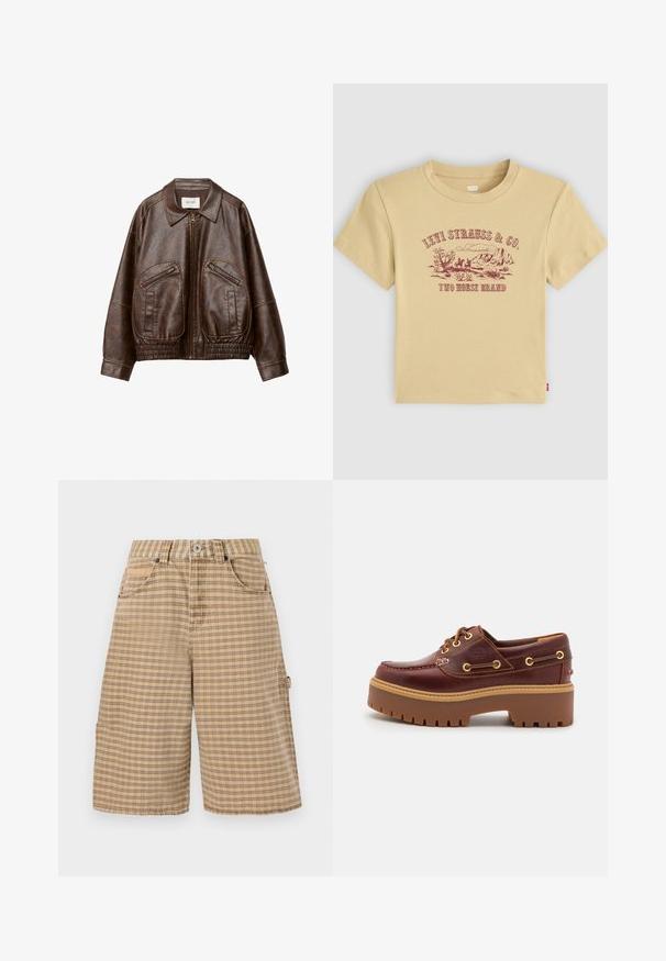 Brun fusk läder bomberjacka med framdragkedja, två snedställda dragkedjefickor, bred krage och samlad elastisk midja.; Beige bomullströja med korta ärmar som har ett vinrött grafiskt tryck av ett bergslandskap och "Levi Strauss & Co. Two Horse Brand."; BDG Urban Outfitters CHECK NICOLA JORT - Shorts - beige; Brun läderskärgårdssko med en kraftig brun gummisula, guldfärgad ögla och kontrasterande sömmar. Har en logotyp på sidan.