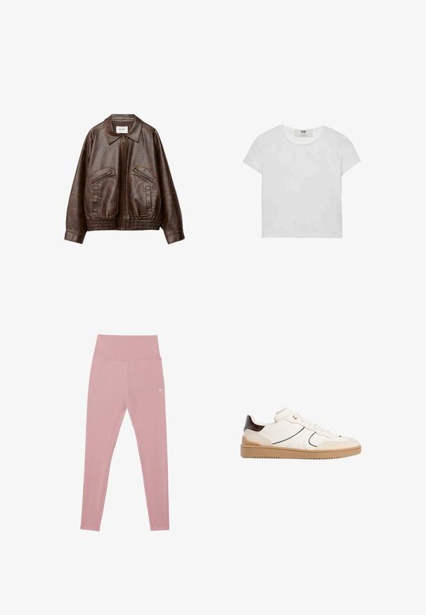 Brown faux leather bomber jacket with a front zipper, two angled zippered pockets, wide collar, and gathered elastic waistband.; Short-sleeve, round-neck white t-shirt made of soft cotton, featuring a simple, clean design with no visible patterns or accents.; Pink, high-waisted leggings made from stretchy fabric, featuring a smooth texture and a small logo detail at the waist.; Stradivarius Trainers - white
