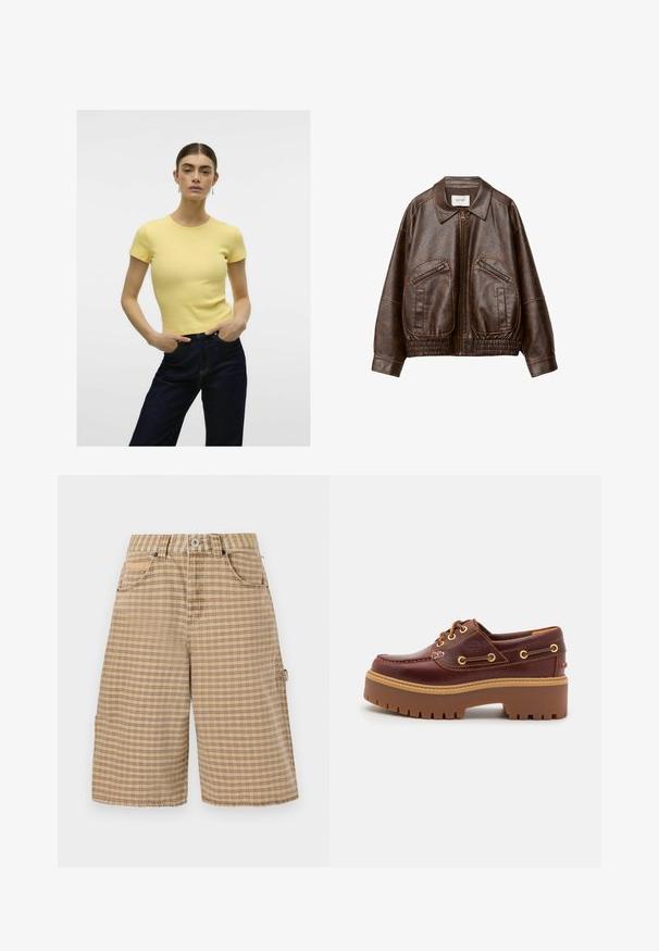 Hnedá umeloleaterová bombrová bunda s predným zipsom, dvoma šikmými zipsovými vreckami, širokým golierom a zberným elastickým pásom.; Žlté rebrované tričko s krátkymi rukávmi a okrúhlym výstrihom, spárované s tmavými džínsami. Jednoduchý dizajn, hladká textúra.; BDG Urban Outfitters CHECK NICOLA JORT - Šortky - beige; Hnedé kožené člunkové topánky s masívnou hnedou gumovou podrážkou, zlatými okami a kontrastným prešívaním. Obsahuje logo na boku.