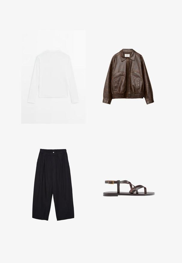 Brun faux læder bomberjakke med en frontlynlås, to skrå lynlåslommer, bred krave og samlet elastisk talje.; Simpel hvid langærmet skjorte, rund hals, vist fra ryggen, lagt fladt på en hvid baggrund.; Sorte polyester culotte bukser med elastisk talje, to forpiber og en løs silhuet. Ingen synlige mønstre eller hardware detaljer.; Brune lædersandal med krydsende stropper, ankelspænde og en flad sål med minimale syninger.