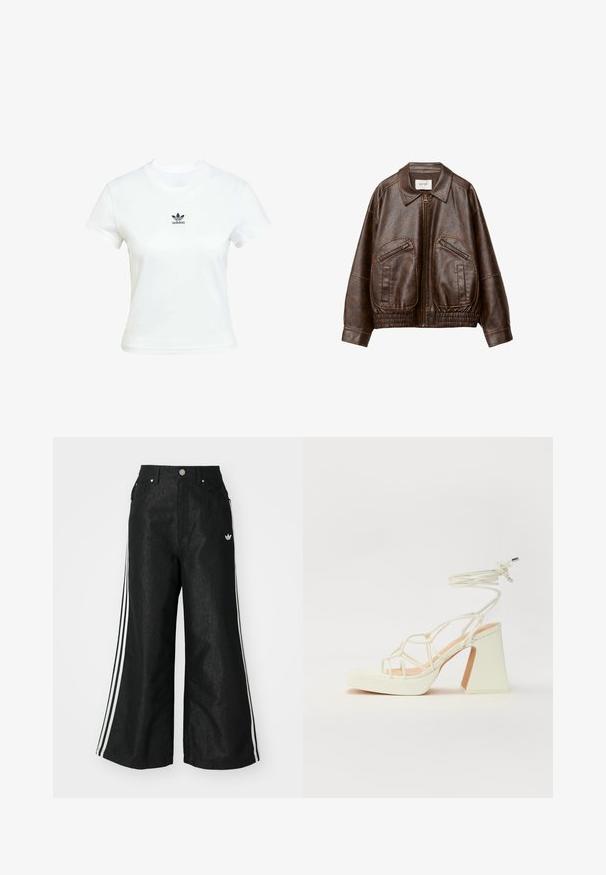 Brązowa kurtka bombka z sztucznej skóry z przednim zamkiem, dwiema ukośnymi kieszeniami na zamek, szerokim kołnierzem oraz elastycznym, marszczonym pasem.; Biała bawełniana koszulka z krótkim rękawem i okrągłym dekoltem. Posiada czarne logo Adidas nadrukowane na piersi. Prosty, minimalistyczny design.; Czarne dżinsy o szerokich nogawkach z trzema białymi paskami po bokach i małym białym logo. Posiadają przednie kieszenie i zapięcie na guzik.; Biała sandał na wysokim obcasie z masywnym słupkiem, z paskowym wzorem i wiązaniem przy kostce. Gładka faktura z platformą z przodu dla dodatkowej wysokości.