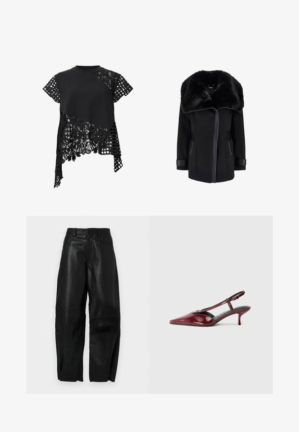 Čierny vlnený kabát s veľkým umelým kožúškom na golieri, zipsom vpredu, bočnými vreckami a koženými akcentmi na manžetách. Hladká textúra s pevnou konštrukciou.; Čierny top s krátkymi rukávmi, ktorý kombinuje pevný materiál a zložitú čipku s kvetinovými vzormi, pričom na jednej strane je mriežková textúra.; Čierne kožené nohavice s voľným strihom, so sofistikovaným rovnými nohavicami, prednými vreckami a viditeľnými švami.; Lesklá bordová kožená topánka s špičatou špičkou a kitten heel, s opaskom na päte a T-pásikom, so striebornou sponou na bielom pozadí.