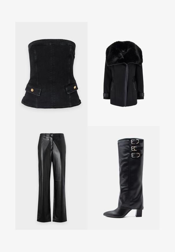Cappotto di lana nero con ampio colletto in pelliccia sintetica, chiusura con zip, tasche laterali e dettagli in pelle sui polsini. Tessuto liscio con design strutturato.; Corsetto senza spalline in denim nero con un design aderente, caratterizzato da dettagli in hardware dorato e due tasche frontali. Texture liscia, forma strutturata.; Pantaloni in pelle nera con design a gamba dritta, dotati di chiusura frontale con bottone, passanti per cintura e una texture liscia e lucida.; Stivali neri al ginocchio in morbidissimo ecopelle con punta affusolata, caratterizzati da tre fibbie argentate sul lato e un tacco spesso.