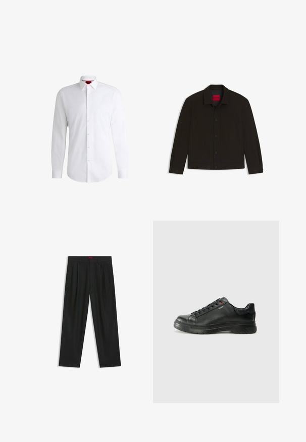 Giacca nera con bottoni, colletto, due tasche anteriori e etichetta rossa a contrasto all'interno. Caratterizzata da una superficie liscia e una vestibilità sartoriale.; Camicia bianca con bottoni, realizzata in tessuto morbido, con colletto classico, maniche lunghe e orlo curvo. Presenta bottoni beige sul davanti.; Pantaloni neri con un design plissè, forma a gamba larga e texture liscia. Presentano un'etichetta rossa in vita.; Sneaker nera in pelle con superficie testurizzata, collo imbottito e dettaglio logo rosso. Presenta una suola in gomma spessa con un motivo di battistrada distintivo.