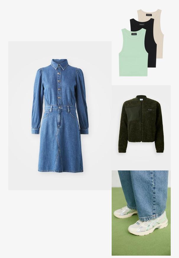 Zelená fleecová bunda s předním zipem, žebrovaným límcem a texturovaným povrchem, na hrudi s plochou látkovou nášivkou a logem.; Džínové šaty s knoflíkovým zapínáním vpředu, límečkem a dlouhými nabíranými rukávy. Mají vypasovaný pas, dvě boční kapsy a rozšířenou sukni.; Tři tílka v mátové zelené, černé a béžové barvě; vyrobená z žebrované látky s kulatým výstřihem a bez rukávů. Viditelná značková etiketa.; Bílo-stříbrné síťované tenisky s zelenými akcenty, obuté k volným modrým džínům, stojící na zeleném koberci.