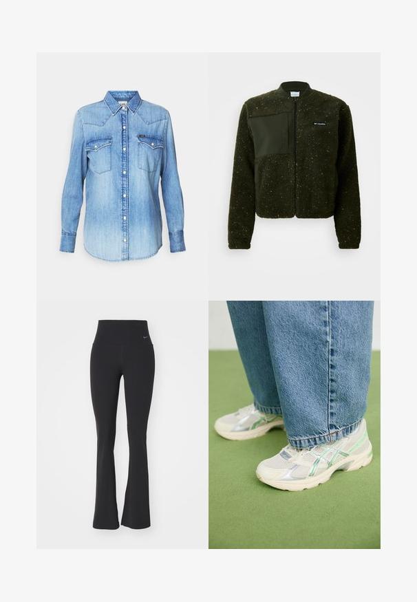 Casaco de fleece verde com fecho zip, colarinho canelado e um acabamento texturizado, com um emblema em tecido liso e logotipo no peito.; Camisa de ganga azul clara com mangas longas, colarinho pontiagudo, dois bolsos no peito, fecho frontal por botões e um desbotamento subtil no tecido. Etiqueta da marca visível.; Três tops em mint green, preto e bege; feitos de tecido canelado com um decote redondo e sem mangas. Etiqueta da marca visível.; Calças de yoga pretas com uma cintura alta, feitas de um tecido elástico. Apresentam um design direito e um pequeno logótipo da Nike na cintura.; Sapatilhas de malha brancas e prateadas com detalhes verdes, usadas com jeans azuis largos, em pé sobre um chão de carpete verde.