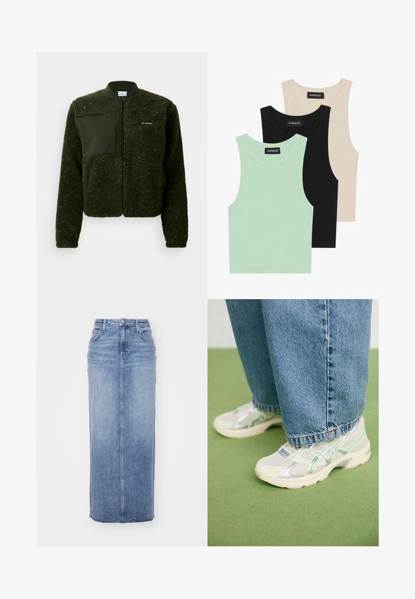 Zeleni fleeced jakna s patentnim zatvaračem sprijeda, rebrastim ovratnikom i teksturiranim završetkom s ravnim materijalnim oznakama i logom na prsima.; Tri majice bez rukava u boji mente, crnoj i bež boji; izrađene od rebraste tkanine s okruglim izrezom. Vidljiva oznaka branda.; Denim maksi suknja u svijetloplavoj boji, sa ravnim krojem, prednjim šavom, izblejanim rubom, klasičnim dizajnom s pet džepova i metalnim kopčanjem.; Bijele i srebrne mrežaste tenisice s zelenim akcentima, nosene s širokim plavim trapericama, stoje na zelenom tepihu.