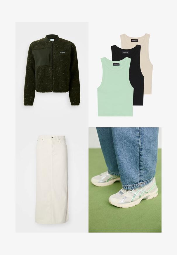 Zelena flis jakna s sprednjim zadrgo, rebrastim ovratnikom in teksturirano površino, ter ravno tkanino z oznako na prsih.; Tri tanke s kratkimi rokavi v mint zeleni, črni in bež barvi; narejene iz rebrastih tkanin z okroglim izrezom in brez rokavov. Vidna oznaka blagovne znamke.; Bela denim midi krila s ravnim krojem, sprednjim gumbom za zapiranje in dvema stranskima žepoma. Ima šivljenje in subtilno razpoko na robu.; Beli in srebrni mrežasti superge z zelenimi poudarki, oblečeni z ohlapnimi modrimi džinsom, ki stojijo na zeleni preprogi.