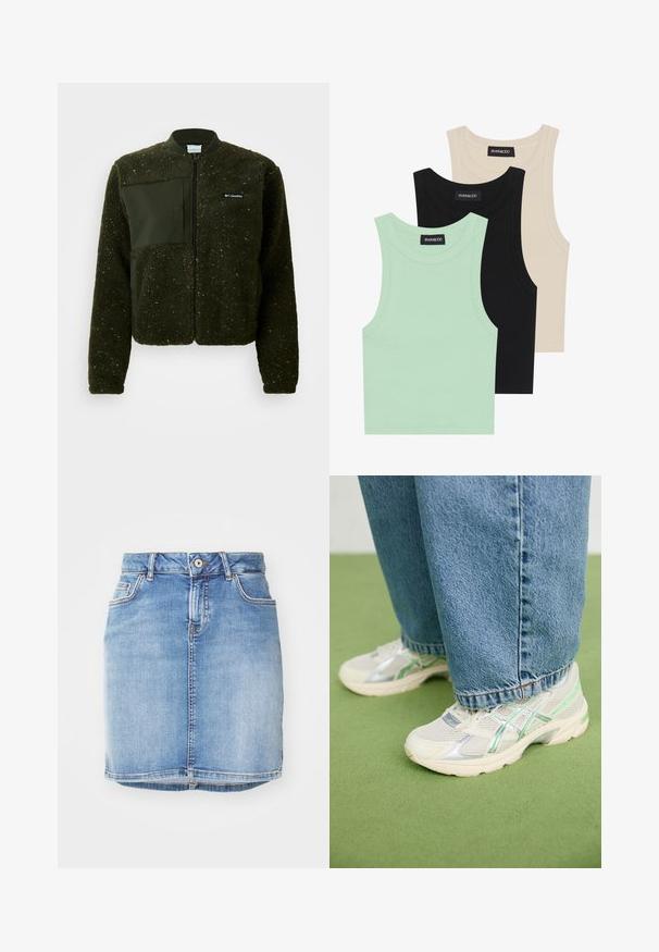 Jachetă din fleece verde cu fermoar frontal, guler ribflat și un finisaj texturat, dotată cu o patch din material plat și logo pe piept.; Trei tricouri fără mâneci, în nuanțe de verde mentă, negru și bej; realizate dintr-o țesătură ribată, cu gât rotund. Eticheta mărcii este vizibilă.; Fustă din denim bleu deschis, cu un design ajustat, cinci buzunare și cusături vizibile. Include o închidere cu nasturi în față și un detaliu de tiv desfăcut.; Adidași din plasă albă și argintie cu accente verzi purtați cu blugi evazați bleumarin stând pe un covor de culoare verde.