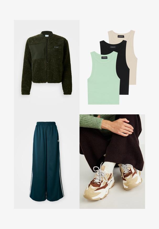 Zielona polarowa kurtka z zamkiem z przodu, żebrowanym kołnierzem oraz teksturowanym wykończeniem, z płaską naszywką i logo na klatce piersiowej.; Trzy topy na ramiączkach w kolorze miętowym, czarnym i beżowym; wykonane z prążkowanej tkaniny, z okrągłym dekoltem i bez rękawów. Widać metkę marki.; Turkusowe długie spodnie dresowe z elastycznym pasem, z trzema białymi paskami po bokach oraz logo Adidas po lewej stronie.; Steve Madden POSSESSIONE piaskowy