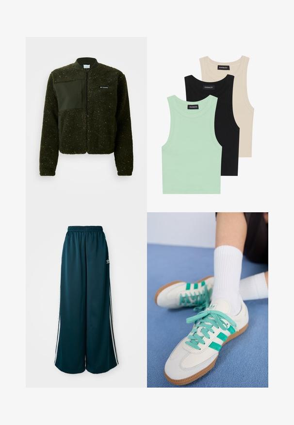 Grønn fleecejakke med glidelås foran, ribbestrikket krage og teksturert finish. Jakken har et flatt stoffmerke og logo på brystet.; Tre tank topper i mintgrønn, svart og beige; laget av ribbestrikket stoff med rund hals og uten ermer. Merket synlig.; Teal vide bukser i sweats-materiale med elastisk talje, der har tre hvide striber langs siderne og et Adidas-logo på venstre side.; adidas Originals SAMBA OG - Joggesko - off white/court green/hazy green