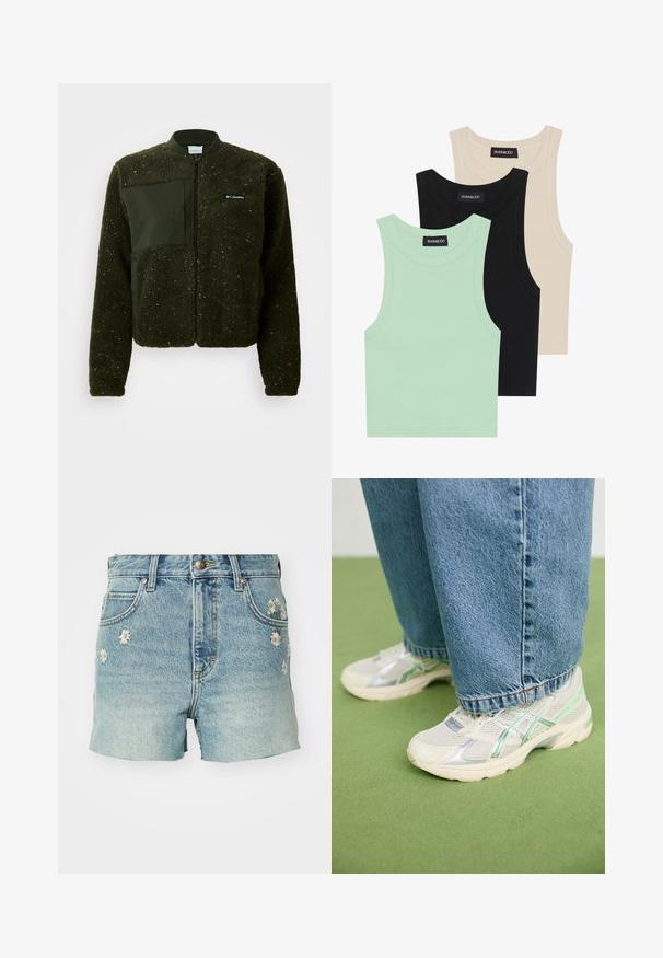Grønn fleecejakke med glidelås foran, ribbestrikket krage og teksturert finish. Jakken har et flatt stoffmerke og logo på brystet.; Tre tank topper i mintgrønn, svart og beige; laget av ribbestrikket stoff med rund hals og uten ermer. Merket synlig.; Lysblå denimshorts med en falmet finish, med hvit blomsterbroderi på fronten, klassisk femlommersdesign og en raflet kant.; Hvite og sølvfargede mesh-sko med grønne detaljer, iført løse blå jeans, står på et grønt teppe.