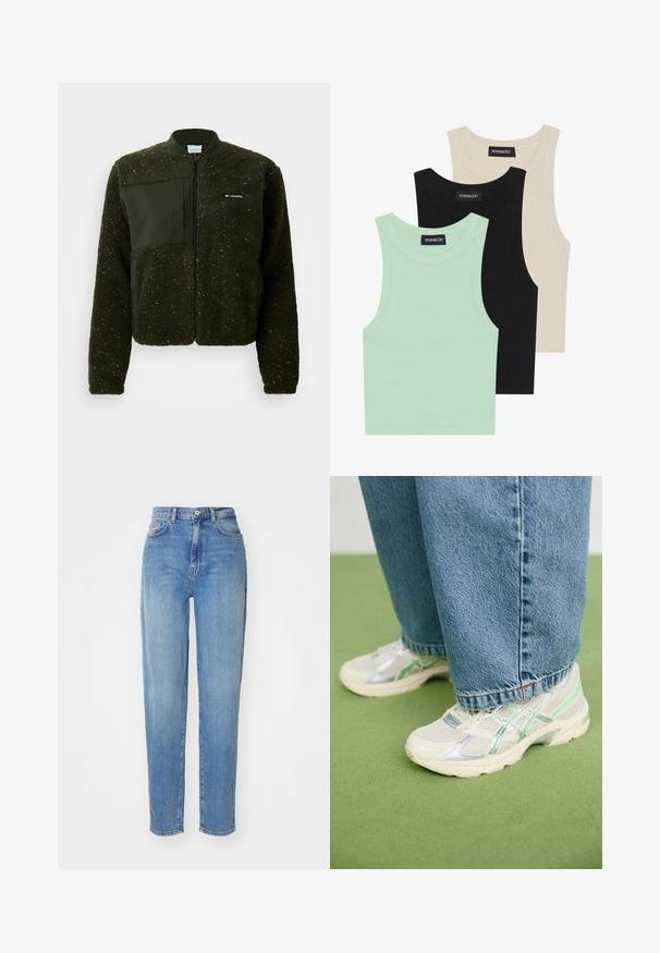 Zeleni fleeced jakna s patentnim zatvaračem sprijeda, rebrastim ovratnikom i teksturiranim završetkom s ravnim materijalnim oznakama i logom na prsima.; Tri majice bez rukava u boji mente, crnoj i bež boji; izrađene od rebraste tkanine s okruglim izrezom. Vidljiva oznaka branda.; Svijetloplave traperice visokog struka ravnog kroja. Izrađene su od denima, s pet džepova i prednjim zatvaranjem na dugme. Glatka tekstura.; Bijele i srebrne mrežaste tenisice s zelenim akcentima, nosene s širokim plavim trapericama, stoje na zelenom tepihu.