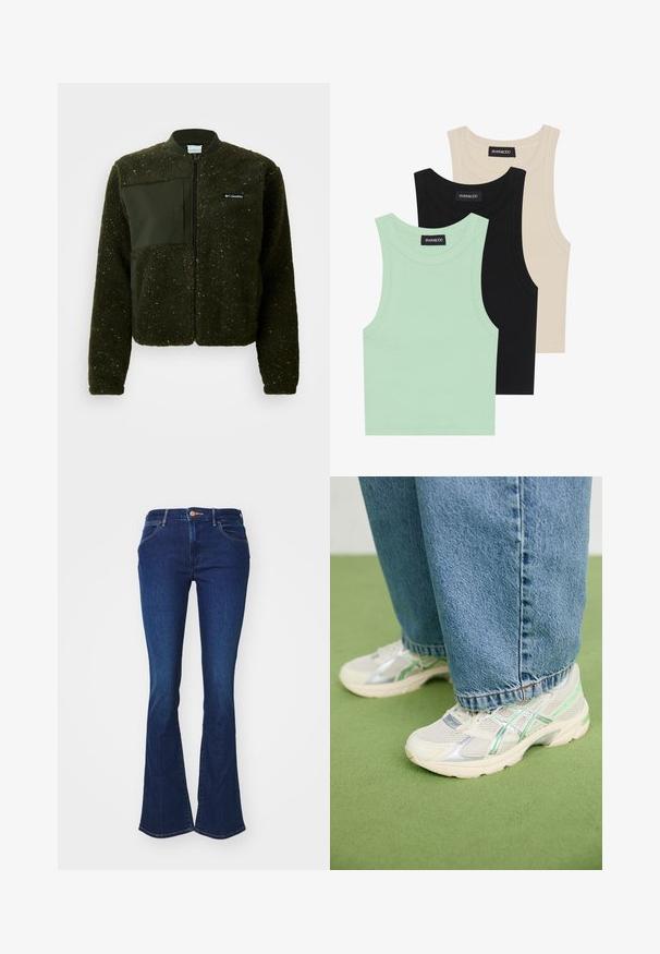 Green fleece jacket featuring a zip front, ribbed collar, and a textured finish with a flat fabric patch and logo on the chest.; Three tank tops in mint green, black, and beige; made of ribbed fabric with a round neckline and no sleeves. Brand label visible.; Dark blue denim flared jeans with a fitted waist, button closure, and subtle fading. Contrast stitching visible along seams.; White and silver mesh sneakers with green accents worn with loose blue jeans standing on a green carpeted floor.