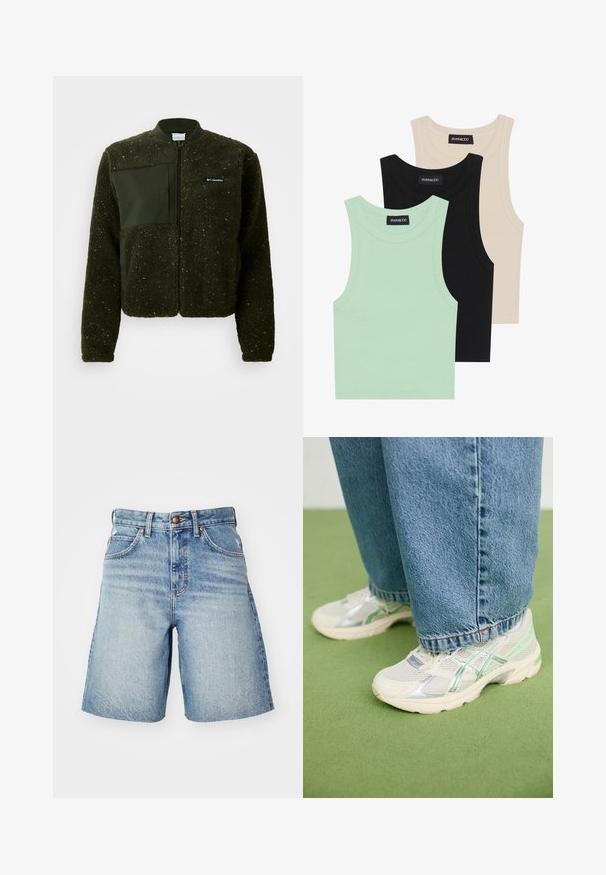 Žalias vilnonis džemperis su užtrauktuku, raiščiu apykakle ir tekstūruotu paviršiumi, su plokščiu audinio pleistru ir logotipu ant krūtinės.; Trys tankų marškinėliai mėtų žalsvos, juodos ir smėlio spalvos; pagaminti iš raiboto audinio, su apvaliu iškirpimu ir be rankovių. Matoma prekės ženklo etiketė.; Šviesiai mėlyni džinsiniai šortai su aukštu juosmeniu, pasižymintys sagčių uždarymu, penkiais kišenėmis ir nedideliu blukimu, suteikiančiu dėvėtą išvaizdą.; Balti ir sidabriniai tinkliniai sportbačiai su žaliais akcentais, dėvimi su laisvomis mėlynomis džinsomis, stovint ant žaliai kiliminei dengtame grindyse.