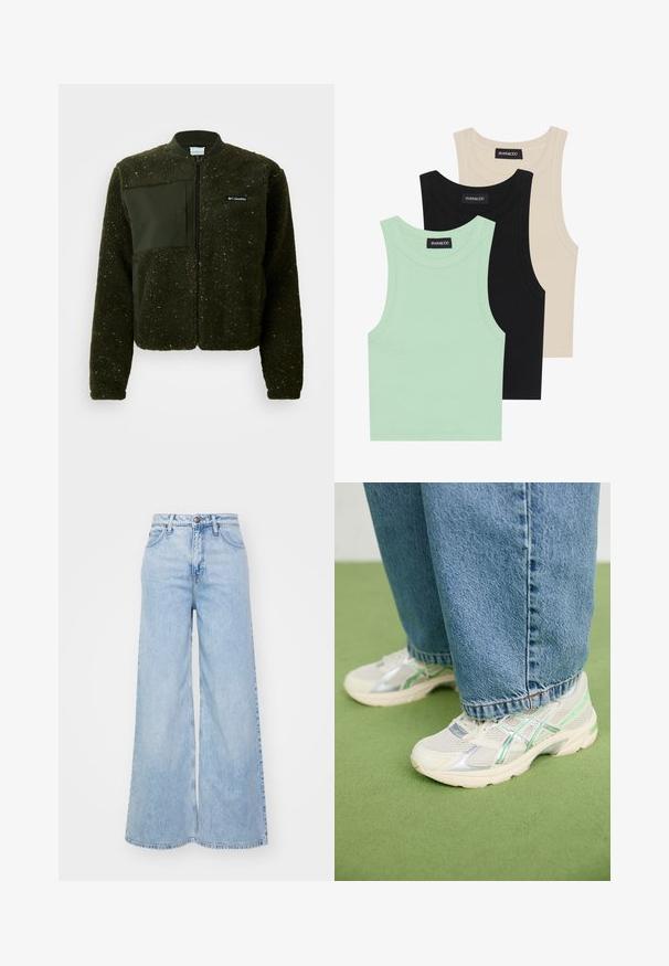 Green fleece jacket featuring a zip front, ribbed collar, and a textured finish with a flat fabric patch and logo on the chest.; Three tank tops in mint green, black, and beige; made of ribbed fabric with a round neckline and no sleeves. Brand label visible.; Light blue wide-leg jeans in denim material, featuring a high waist, button closure, and subtle fading. Edges are hemmed.; White and silver mesh sneakers with green accents worn with loose blue jeans standing on a green carpeted floor.