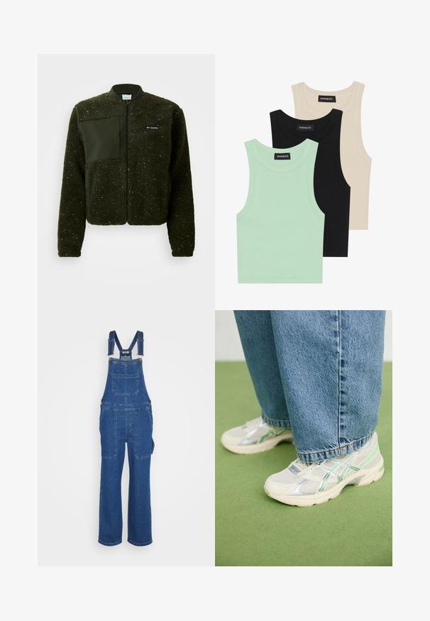 Žalias vilnonis džemperis su užtrauktuku, raiščiu apykakle ir tekstūruotu paviršiumi, su plokščiu audinio pleistru ir logotipu ant krūtinės.; Trys tankų marškinėliai mėtų žalsvos, juodos ir smėlio spalvos; pagaminti iš raiboto audinio, su apvaliu iškirpimu ir be rankovių. Matoma prekės ženklo etiketė.; Džinsiniai kombinezonai vidutinio mėlynumo atspalvyje. Savybės: reguliuojamos petnešos, priekinė kišenė ir platus šonai. Lygus tekstūros su paprastais siuvimo detalėmis.; Balti ir sidabriniai tinkliniai sportbačiai su žaliais akcentais, dėvimi su laisvomis mėlynomis džinsomis, stovint ant žaliai kiliminei dengtame grindyse.