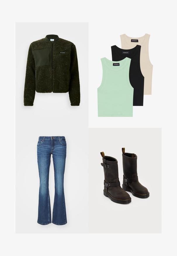 Zielona polarowa kurtka z zamkiem z przodu, żebrowanym kołnierzem oraz teksturowanym wykończeniem, z płaską naszywką i logo na klatce piersiowej.; Trzy topy na ramiączkach w kolorze miętowym, czarnym i beżowym; wykonane z prążkowanej tkaniny, z okrągłym dekoltem i bez rękawów. Widać metkę marki.; Dżinsy z rozszerzanymi nogawkami w średnim niebieskim denimu. Zawierają zapięcie na zamek błyskawiczny z metalowym guzikiem, dwie przednie kieszenie oraz efekty przetarcia w okolicach kolan.; Ciemnobrązowe skórzane buty z projektu do połowy łydki, żółte szwy, regulowane paski z klamrami oraz pętle do zakupu na górze. Teksturowane wykończenie.
