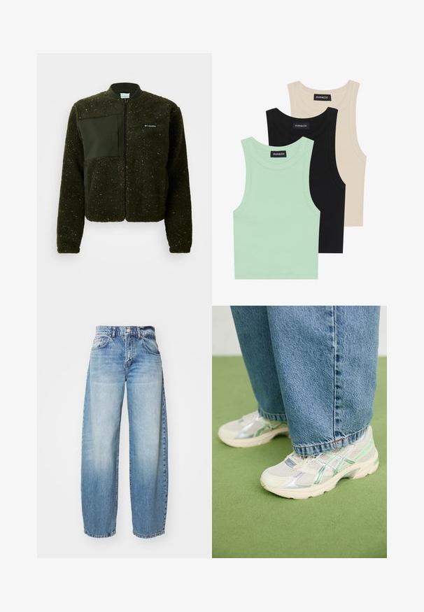 Πράσινο fleece μπουφάν με φερμουάρ μπροστά, ριχτό γιακά και υφή με επίπεδο ύφασμα και λογότυπο στο στήθος.; Τρία τοπ σε μέντα, μαύρο και μπεζ χρώμα, κατασκευασμένα από πλεκτό ύφασμα, με στρογγυλή λαιμόκοψη και χωρίς μανίκια. Ορατή ετικέτα μάρκας.; Ανοιχτό μπλε παντελόνι τζην σε φαρδιά γραμμή με ξεθωριασμένο φινίρισμα, πέντε τσέπες και κουμπί στο φερμουάρ. Το ύφασμα είναι τζην, με κλασική ραφή και άνετη εφαρμογή.; Λευκά και ασημί δικτυωτά αθλητικά παπούτσια με πράσινες λεπτομέρειες, φορεμένα με φαρδιά μπλε τζιν, που στέκονται σε ένα πράσινο χαλί.