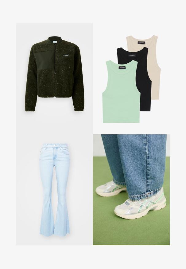 Chaqueta de forro polar verde con cierre de cremallera en la parte delantera, cuello acanalado y un acabado texturizado, con un parche de tela plana y un logo en el pecho.; Tres camisetas sin mangas en verde menta, negro y beige; hechas de tela acanalada con un escote redondo. Etiqueta de la marca visible.; Jeans de mezclilla de color azul claro con cintura alta y piernas acampanadas, que presentan bolsillos frontales y cierre de botón.; Zapatillas de malla blancas y plateadas con detalles en verde, combinadas con unos vaqueros azules holgados, de pie sobre un suelo de moqueta verde.