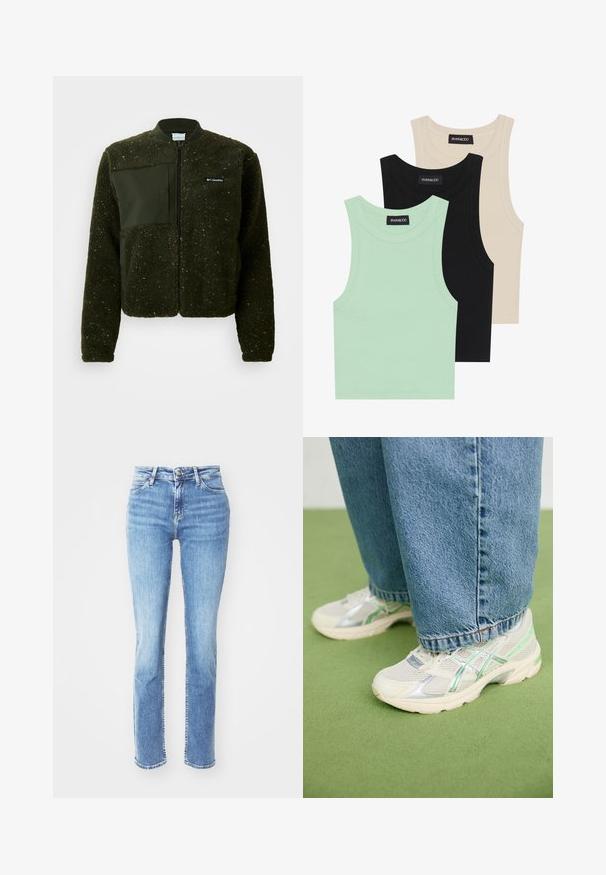 Green fleece jacket featuring a zip front, ribbed collar, and a textured finish with a flat fabric patch and logo on the chest.; Three tank tops in mint green, black, and beige; made of ribbed fabric with a round neckline and no sleeves. Brand label visible.; Light blue denim jeans with a straight-leg cut, featuring a high waist, subtle fading, and classic five-pocket design.; White and silver mesh sneakers with green accents worn with loose blue jeans standing on a green carpeted floor.