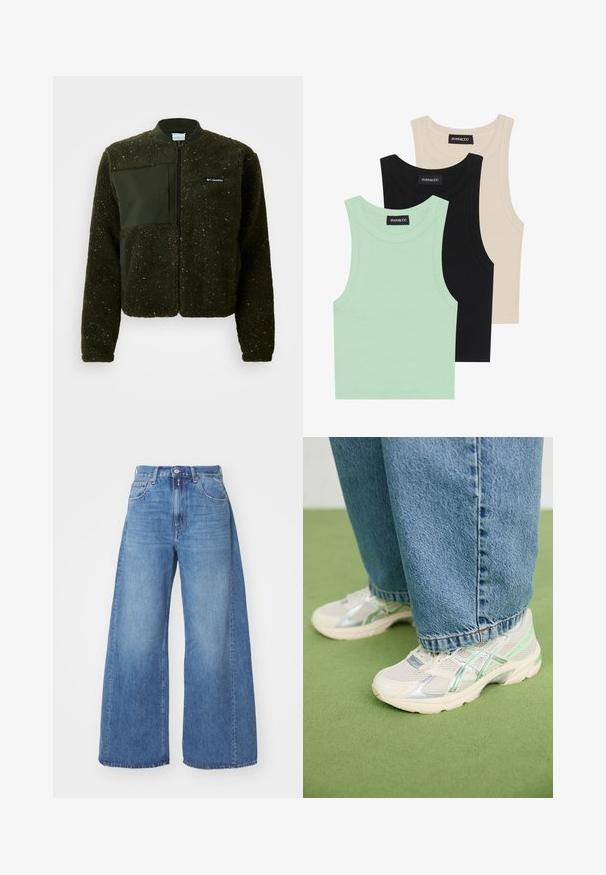 Žalias vilnonis džemperis su užtrauktuku, raiščiu apykakle ir tekstūruotu paviršiumi, su plokščiu audinio pleistru ir logotipu ant krūtinės.; Trys tankų marškinėliai mėtų žalsvos, juodos ir smėlio spalvos; pagaminti iš raiboto audinio, su apvaliu iškirpimu ir be rankovių. Matoma prekės ženklo etiketė.; Šviesiai mėlynos plačių kojų džinsai su aukštu juosmeniu, turintys klasikinį penkių kišenių dizainą ir sagos uždarymą. Lygus paviršius, be raštų.; Balti ir sidabriniai tinkliniai sportbačiai su žaliais akcentais, dėvimi su laisvomis mėlynomis džinsomis, stovint ant žaliai kiliminei dengtame grindyse.