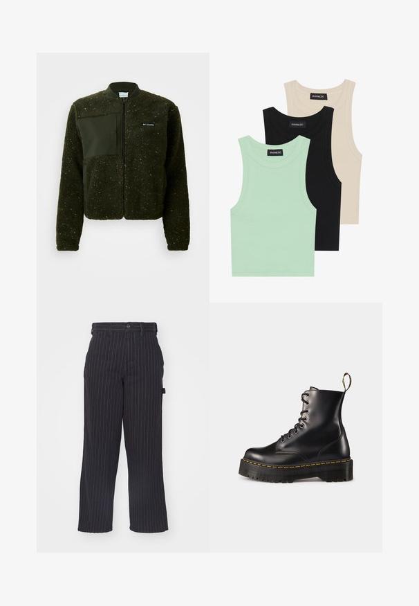 Grøn fleecejakke med lynlås foran, ribbet krave og en tekstureret overflade med et flad vævet patch og logo på brystet.; Tre tank toppe i mintgrøn, sort og beige; lavet af ribbet stof med rund hals og uden ærmer. Mærket er synligt.; Sorte pinstribede bukser lavet af et tekstureret stof med lige snit, featuring en knaplukning og bæltestropper.; Sorte læder snørebånd ankelstøvler med en kraftig sort sål og gul syning. Har en trækflap bagpå og runde metaløjer.