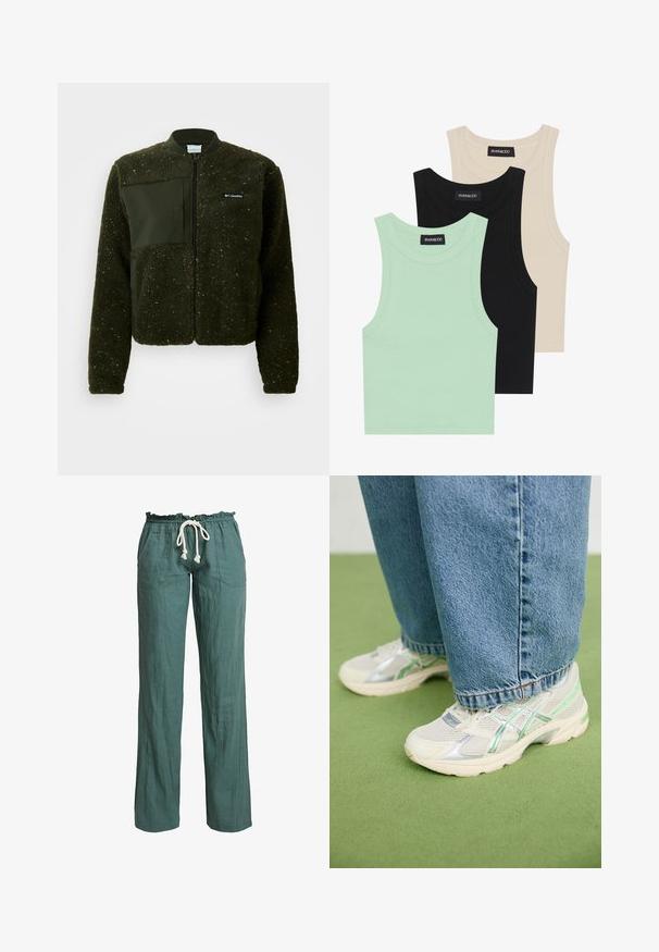 Giacca in pile verde con zip frontale, colletto a coste e finitura testurizzata, decorata con un'etichetta in tessuto piatta e il logo sul petto.; Tre canotte in verde menta, nero e beige; realizzate in tessuto a coste con scollatura rotonda e senza maniche. Etichetta del brand visibile.; Pantaloni in lino verde leggeri, dal taglio rilassato, con cintura elastica e cordoncino, dotati di due tasche laterali.; Sneaker bianco e argento in mesh con accenti verdi indossati con jeans blu larghi, in piedi su un pavimento verde in moquette.