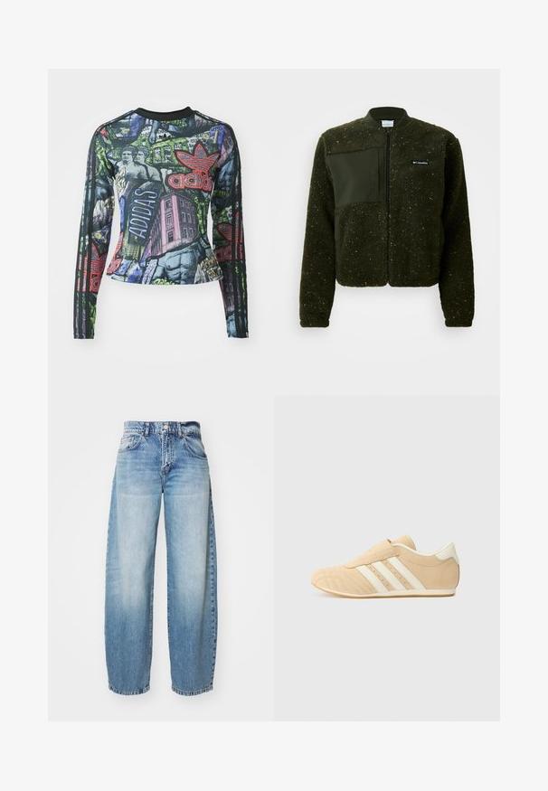 Zöld bolyhos dzseki, cipzáros elülső résszel, bordázott gallérral, és textúrált felülettel, sík szövet tapasszal és logóval a mellkason.; Hosszú ujjú sportfelső, amely grafikás nyomattal rendelkezik élénk színekben, beleértve a feketét, zöldet és vöröset, valamint három fekete csíkot mindkét ujján.; Világoskék, bővülő szárú farmernadrág, elhasználódott hatással, öt zsebével és gombos záródásával. Az anyag denimből készült, klasszikus varrással és laza fazonnal.; Barna és krém színű sportcipők, sima bőr felsőrésszel, három fehér csíkkal az oldalukon és lekerekített orral. Texturált felsőrész perforációkkal.