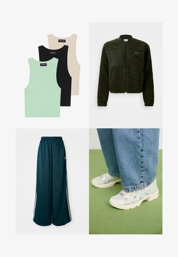 Vihreä fleece-takki, jossa on vetoketju edessä, ribbireuna kauluksessa ja tekstuuri pinta, sekä tasainen kangasläpyskä ja logo rinnassa.; Kolme tanktoppi mintunvihreänä, mustana ja beigeenä; ribbikankaasta valmistettu, pyöreällä kaula-aukolla ja ilman hihoja. Brändilabel näkyvissä.; Teal-väriset, leveät collegehousut, joissa on elastinen vyötärö, ja joissa on kolme valkoista raitaa sivuilla sekä Adidas-logo vasemmalla puolella.; Valkoiset ja hopeiset verkkomatskivat kengät vihreillä yksityiskohdilla, jotka on yhdistetty väljien sinisten farkkujen kanssa ja jotka seisovat vihreällä matolla.