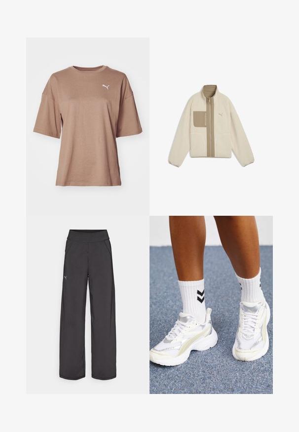 Beige fleece jack met hoge kraag, ritssluiting, borstzak en twee lagere zakken. Heeft een zachte textuur en het Puma-logo.; Korte bruine t-shirt van zacht katoen, met een ronde hals en een klein wit Puma-logo op de linkerborst.; Zwarte sportbroek met een brede tailleband, zijzakken en platte naden. Bevat een klein logo op het linkerbeen. Gemaakt van gladde, rekbare stof.; Witte sneakers met zilveren accenten, gemaakt van mesh-materiaal en met een chunky ontwerp. Gecombineerd met witte sokken met zwarte chevronpatronen.