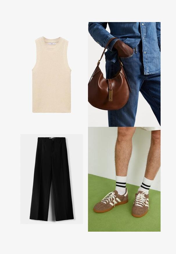 Giacca in denim blu scuro con scollatura rotonda, bottoni frontali, due tasche a toppa e design corto. Nessun motivo o decorazione visibile.; Top senza maniche lavorato a maglia in avorio, caratterizzato da una texture a costine, scollatura ampia e design pulito e minimalista senza chiusure visibili.; Pantaloni neri a gamba larga realizzati in tessuto leggero, caratterizzati da una chiusura frontale con bottone e frontale piatto, con orli cuciti con precisione.; Sneaker in suede marrone con dettagli e lacci bianchi. Suola in gomma color gomma. Indossati con calzini bianchi con righe nere. Pavimento verde texturizzato.; Borsa hobo in pelle marrone con una forma arrotondata, dotata di dettagli in hardware dorato e cuciture a contrasto. Abbinata a una camicia di jeans e a un paio di jeans.