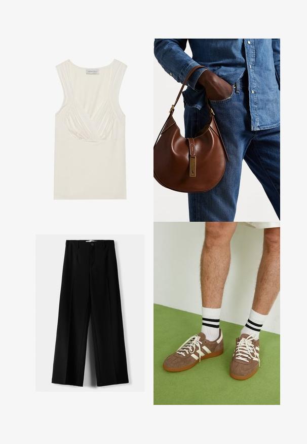 Tmavě modrá džínsová bunda s kulatým výstřihem, předními knoflíky, dvěma našitými kapsami a zkráceným střihem. Žádné viditelné vzory ani ozdoby.; Krémový bezrukávový top s výstřihem do V a na bocích se shromážděním, vyrobený z měkkého, elastického materiálu. Štítek nese nápis "ANNA FIELD."; Černé široké kalhoty z lehkého materiálu s předním zapínáním na knoflík a hladkým předním dílem, s pečlivě přišitými lemy.; Hnědé semišové tenisky s bílými akcenty a tkaničkami. Gumová podrážka. Nošeny s bílými ponožkami s černými pruhy. Zelená strukturovaná podlaha.; Hnědá kožená hobo taška zaobleného tvaru, se zlatým kováním a kontrastním prošíváním. V kombinaci s džínovou košilí a džíny.