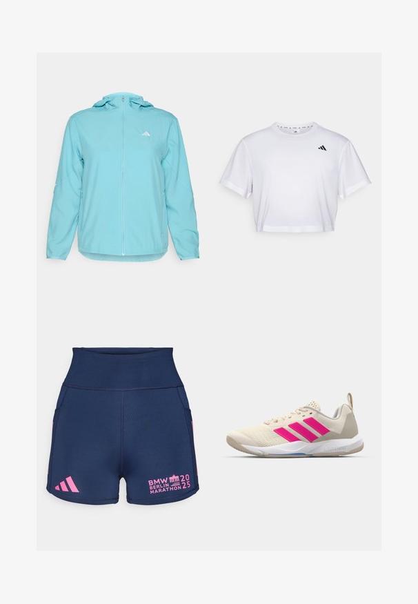 Gaiši zila kapucea jaka ar pilnu priekšējo rāvējslēdzēju, kurai ir mazs balts logo kreisajā krūtī un rāvējslēdzēju sānu kabatas.; Balts īsa krekls, kas izgatavots no mīksta auduma, ar īsām piedurknēm un apaļu kakla izgriezumu. Melna logo kreisajā krūtī.; adidas Performance BER25 SHORT THIGHTS - Pieguļoši skriešanas šorti - collegiate navy; Beige sporta apavi ar rozā trīs svītru logotipu, strukturētu acu augšdaļu, mīkstu apkaklīti un balto gumijas zoli, ar "LIGHTSTRIKE" zīmolu.