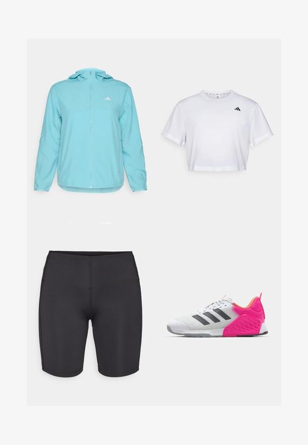 Šviesiai mėlyna gobtuvu striukė su visu priekinio užtrauktuko uždarymu, turinti mažą baltą logotipą kairėje krūtinės pusėje ir užtrauktukus šoninėse kišenėse.; Balta trumpa marškinėliai, pagaminti iš švelnios medžiagos, su trumpomis rankovėmis ir apvaliu iškirpimu. Juodas logotipas kairėje krūtinės pusėje.; Even&Odd active LOW RISE CYCLING SHORTS
- Tamprės - black; Balti sportiniai bateliai su pilkomis juostelėmis, tinklinio viršumi ir rožinėmis kulno bei akcentų detalėmis. Yra tekstūruotas kulnas ir guminis padas. Raišteliai ir paminkštinta apykaklė.