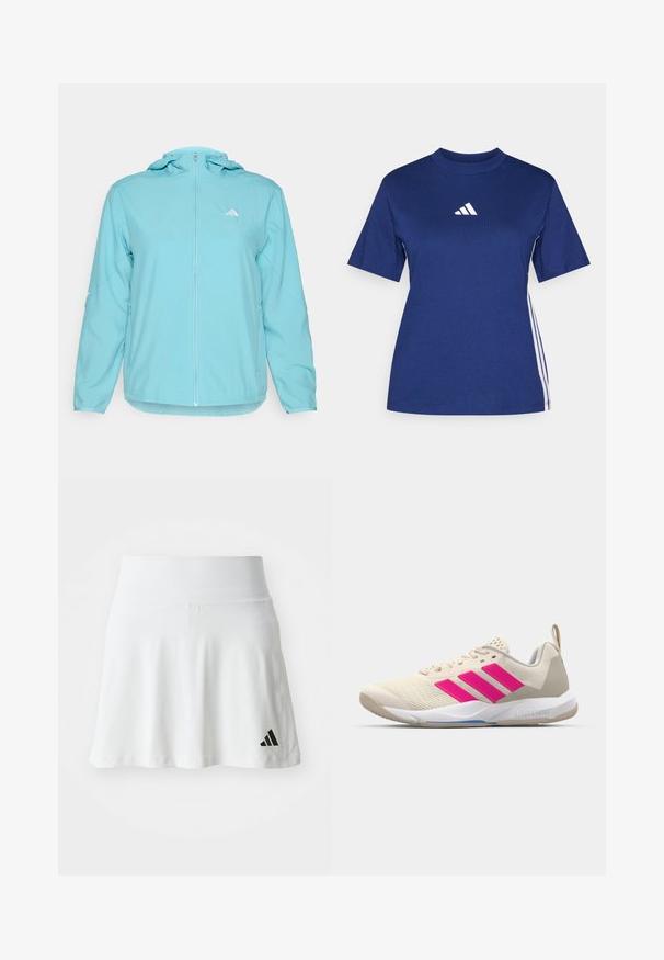 Jasnoniebieska kurtka z kapturem z pełnym zapięciem na zamek z przodu, z małym białym logo po lewej stronie klatki piersiowej oraz kieszeniami bocznymi na zamek.; Granatowa koszulka z krótkim rękawem wykonana z bawełny, o wysokim kołnierzyku, z białym logo oraz kontrastującymi białymi paskami po bokach.; Biała spódniczka sportowa o miękkiej fakturze, rozkloszowany fason i czarny akcent logo Adidasa w dolnym lewym rogu. Gładka, elastyczna talia.; Beżowy but sportowy z różowym logo w postaci trzech pasków, teksturowana siateczka na górze, wyściełany kołnierz i biały gumowy spód, z brandingiem "LIGHTSTRIKE".