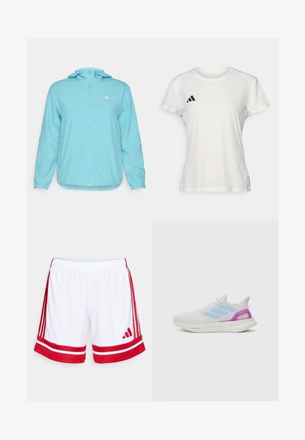 Chaqueta con capucha de color azul claro, con cremallera frontal completa, que presenta un pequeño logotipo blanco en el lado izquierdo del pecho y bolsillos laterales con cremallera.; Camiseta deportiva blanca hecha de tejido que absorbe la humedad. Mangas cortas, cuello redondo, presenta un logo negro y un emblema de tres rayas en el lado izquierdo del pecho.; Pantalones cortos deportivos blancos con rayas y ribetes rojos a los lados. Cuentan con una cinturilla elástica y el logo de Adidas en rojo en la parte inferior izquierda.; adidas Performance PUREBOOST 5 - Zapatillas running asfalto - white/glow blue/purple burst