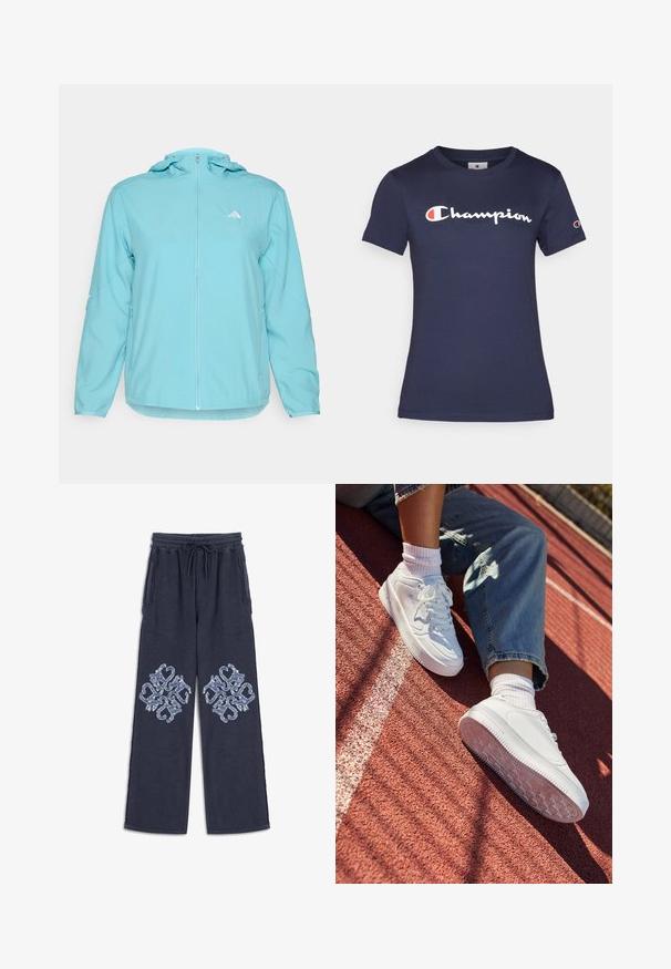 Světle modrá bundu s kapucí a plným předním zipem, na levé části hrudi má malé bílé logo a boční kapsy na zip.; Námořnická modrá bavlněná tričko s krátkým rukávem, na kterém je bílé logo "Champion". Normální střih s kulatým výstřihem a měkkou texturou.; Námořnické modré tepláky s páskem na stažení, které mají na přední straně a bočních kapsách dvě světlé modré vyšívané vzory.; Bílé kožené tenisky s perforovanou špičkou, plochými tkaničkami a gumovou podrážkou. Nosič má na sobě bílé ponožky a světle modré džíny, na červené běžecké dráze.