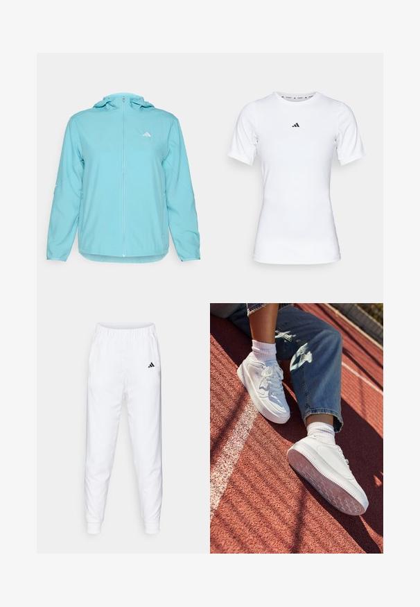 Lichtblauwe hoodie met een volledige rits aan de voorkant, voorzien van een klein wit logo op de linker borst en ritszakken aan de zijkanten.; Witte sportshirt met korte mouwen, gemaakt van zachte, rekbare stof. Voorzien van een klein zwart Adidas-logo op de borst.; Witte sportbroeken met elastische tailleband en boorden. Voorzien van zijzakken en een klein zwart logo op de linkerdij. Gladde stofafwerking.; Witte leren sneakers met geperforeerde neus, platte veters en rubberen zool. Draag met witte sokken en lichtblauwe jeans, op een rode hardloopbaan.