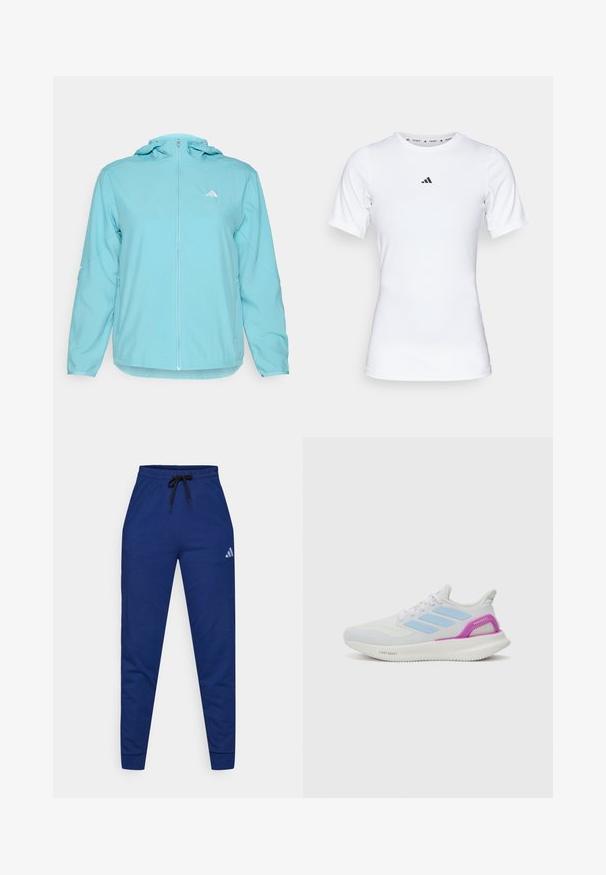 Casaco com capuz azul-claro, com fecho de correr frontal completo, apresentando um pequeno logótipo branco no lado esquerdo do peito e bolsos laterais com fecho de correr.; Camisola atlética branca com mangas curtas, feita de tecido liso e elástico. Apresenta um pequeno logotipo preto da Adidas no peito.; Joggers de algodão azuis com uma cintura elástica, cordão ajustável preto e um pequeno logo branco na coxa esquerda. Design ajustado.; adidas Performance PUREBOOST 5 - Sapatos para corrida em estrada - white/glow blue/purple burst