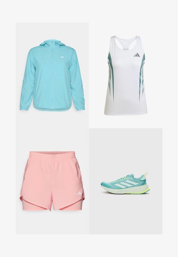 Chaqueta con capucha de color azul claro, con cremallera frontal completa, que presenta un pequeño logotipo blanco en el lado izquierdo del pecho y bolsillos laterales con cremallera.; Camiseta deportiva blanca sin mangas con acentos en verde azulado y un patrón geométrico. Presenta un diseño de espalda nadadora y una tela ligera y texturizada.; adidas Performance W MIN 2IN1 SHO - Pantalón corto de deporte - semi pink spark; Zapatilla de correr azul claro con franjas blancas, parte superior texturizada, cuello acolchado y acentos verde amarillo en la suela y los cordones.