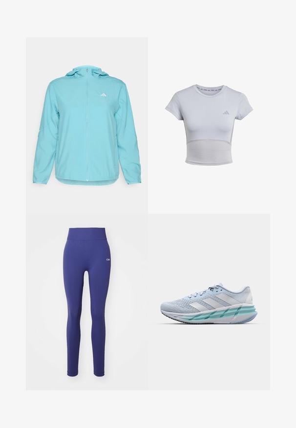 Giacca a vento azzurra chiara con zip sul davanti, dotata di un piccolo logo bianco sul lato sinistro del petto e tasche laterali con zip.; adidas Performance T-Shirt sport - halo silver grey; Leggings blu navy realizzati in materiale elasticizzato, dotati di una cintura ampia, texture liscia e un sottile logo sul fianco.; Scarpe da ginnastica azzurro chiaro con tomaia in maglia testurizzata, accenti bianchi e suola intermedia verde trasparente. Punta rotonda e colletto imbottito.