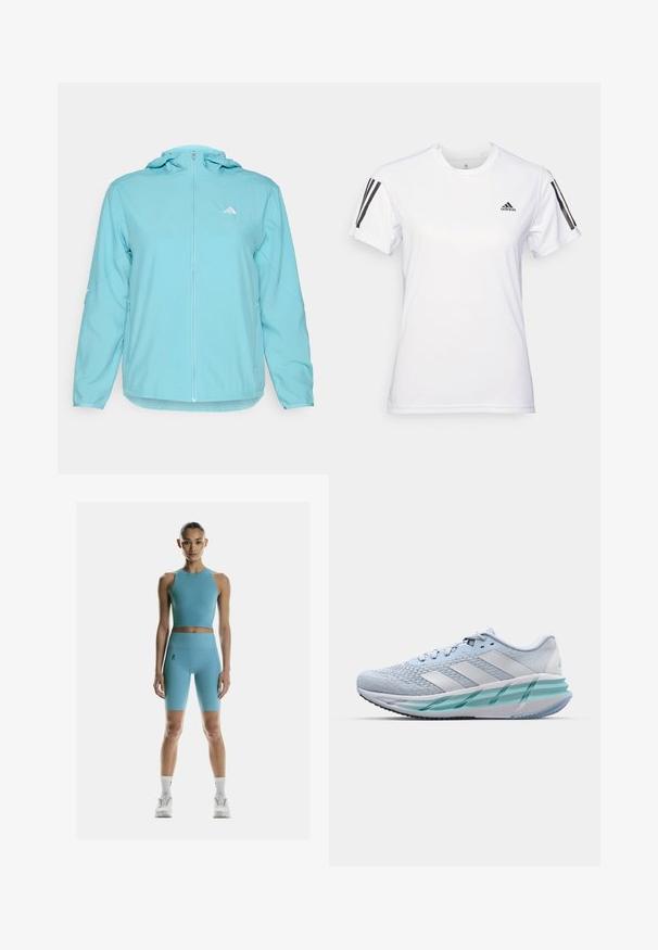 Light blue hooded jacket with a full front zip, featuring a small white logo on the left chest and zippered side pockets.; White athletic t-shirt made of smooth, lightweight fabric. Features black three-stripe accents on shoulders and a small black logo on the chest.; On Leggings - niagara; Light blue athletic shoes with a textured knit upper, white accents, and a transparent green midsole. Rounded toe and padded collar.