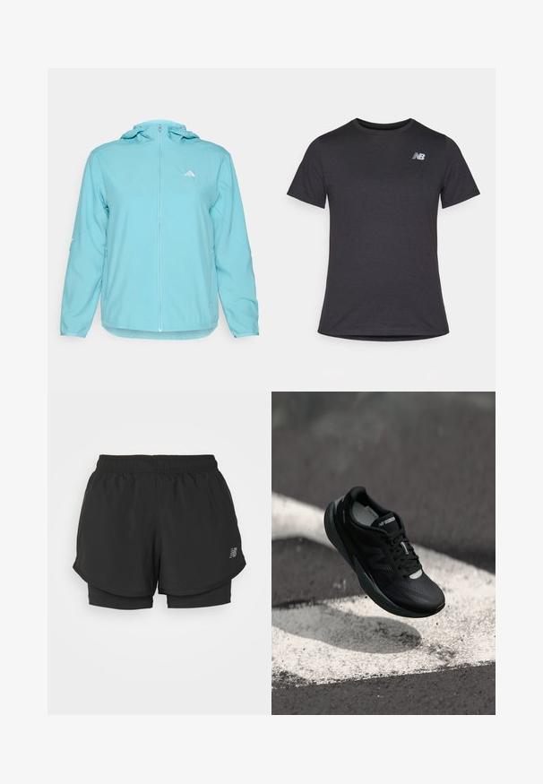 Casaco com capuz azul-claro, com fecho de correr frontal completo, apresentando um pequeno logótipo branco no lado esquerdo do peito e bolsos laterais com fecho de correr.; T-shirt preta de manga curta feita de tecido suave, com um pequeno logótipo cinza da New Balance no canto superior esquerdo do peito, design clássico de decote redondo.; Calções atléticos pretos com uma cintura elástica, apresentando um design em camadas e um forro interior. O tecido parece leve e suave.; Sapatilha de corrida preta com um cabedal texturizado, design elegante e detalhes reflexivos. Apresenta uma sola macia e acolchoada para maior conforto.