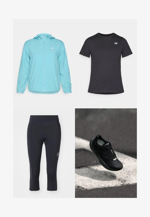 Svetlo modra jopica s kapuco in polnim zadrgo, ki ima majhen bel logotip na levem prsnem delu in zadrgo stranske žepke.; Črna majica s kratkimi rokavi iz mehkega blaga, z majhnim sivim logotipom New Balance na zgornjem levem prsnem delu, klasična zasnova okroglega izreza.; Črne kolesarske hlače do tričetrtine, narejene iz gladkega in elastičnega materiala. Imajo podložen vložek in majhen logotip na spodnjem delu noge.; Črne tekaške čevlje z teksturirano zgornjim delom, eleganten dizajn in odsevne detajle. Imajo mehak, oblazinjen podplat za udobje.