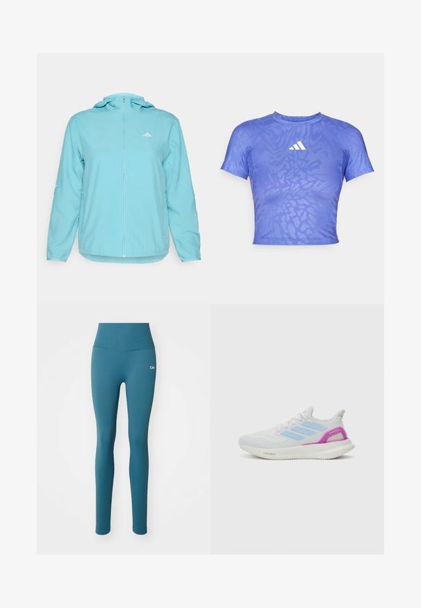 Giacca a vento azzurra chiara con zip sul davanti, dotata di un piccolo logo bianco sul lato sinistro del petto e tasche laterali con zip.; Maglietta atletica viola a maniche corte con un motivo testurizzato e un logo bianco sul petto. Presenta un collo rotondo e un design aderente.; Leggings a coste color teal con vita alta e dettagli con logo. Texture liscia e design aderente, adatti per l'abbigliamento sportivo.; adidas Performance PUREBOOST 5 - Scarpe da corsa su strada - white/glow blue/purple burst