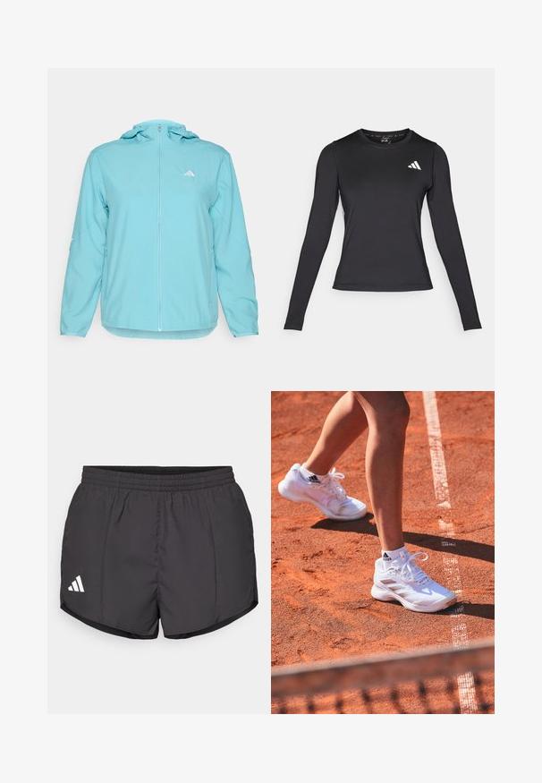 Vaaleansininen huppari, jossa on täysipitkä vetoketju, vasemmassa rinnassa pieni valkoinen logo ja vetoketjulliset sivutaskut.; Musta pitkähihainen urheilupaita, joka on valmistettu sileästä ja joustavasta materiaalista. Paidassa on valkoinen logo rinnassa. Täydellinen istuvuus ja pyöreä kaula-aukko.; Mustat urheilushortsit kevyestä kankaasta, joissa on joustava vyötärö ja valkoinen Adidas-logo vasemmassa alakulmassa.; Valkoiset urheilukengät, joissa on teksturoitu päällinen ja nauhat, sivuraidoilla varustettuna, käytetään valkoisten sukkien kanssa oransilla savikentällä.