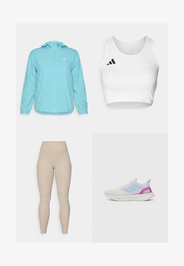 Jasnoniebieska kurtka z kapturem z pełnym zapięciem na zamek z przodu, z małym białym logo po lewej stronie klatki piersiowej oraz kieszeniami bocznymi na zamek.; Biały sportowy crop top wykonany z gładkiego materiału, z okrągłym dekoltem i czarnym logo po lewej stronie.; Beżowe legginsy z wysokim stanem, o prążkowanej fakturze, z gładkim pasem w talii i dopasowanymi nogawkami, zaprojektowane z myślą o komforcie i elastyczności.; adidas Performance PUREBOOST 5 biały