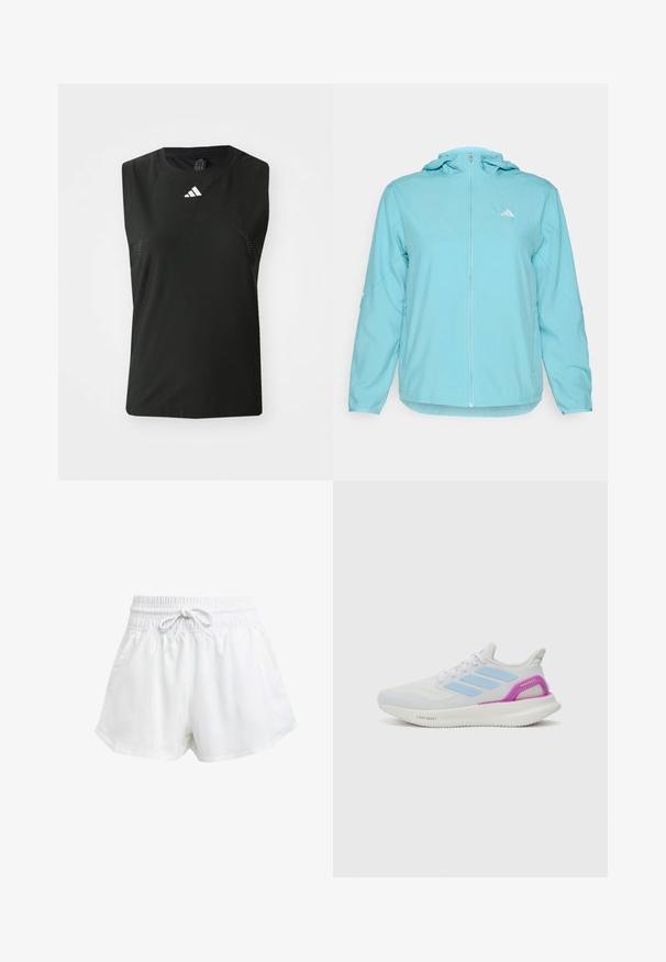 Svijetloplava jakna s kapuljačom i punim patentnim zatvaračem, s malim bijelim logotipom na lijevoj strani prsnog koša i patentnim zatvaračem na bočnim džepovima.; Crna bezrukavna atletska majica izrađena od prozračnog materijala s mrežastim detaljima i bijelim Adidas logotipom na prednjem dijelu.; Bijele atletske šorceve s elastičnom strukom i podešavanjem pomoću vezice. Napravljeni su od laganog materijala, imaju bočne džepove i širok kroj.; adidas Performance PUREBOOST 5 - Tenisice za cestovno trčanje - white/glow blue/purple burst