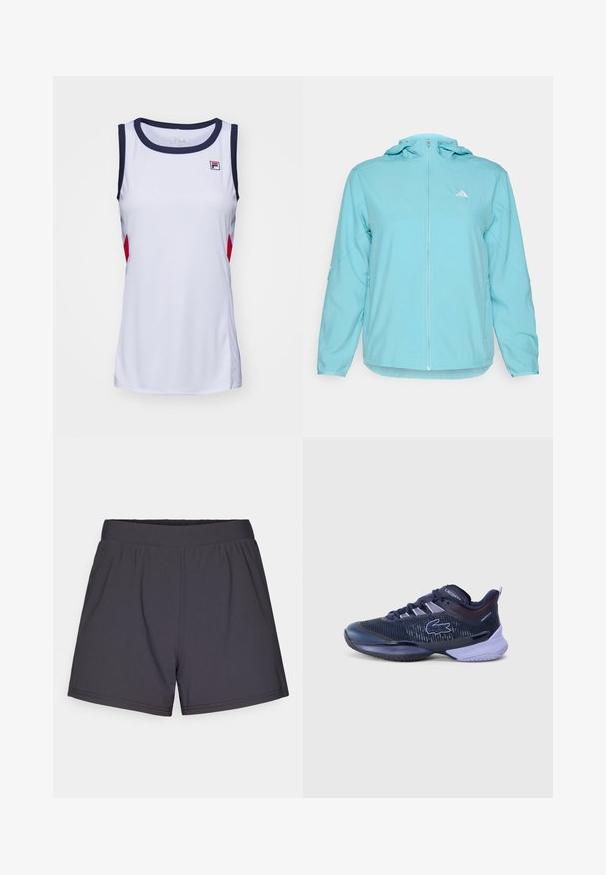 Jasnoniebieska kurtka z kapturem z pełnym zapięciem na zamek z przodu, z małym białym logo po lewej stronie klatki piersiowej oraz kieszeniami bocznymi na zamek.; Biały bezrękawnik sportowy z granatowymi wykończeniami i czerwonymi akcentami. Charakteryzuje się okrągłym dekoltem i logo Fila na piersi. Gładki, lekki materiał.; Czarne szorty sportowe wykonane z lekkiego, elastycznego materiału. Posiadają elastyczny pas i prosty, nieozdobiony design.; Granatowe buty sportowe z siateczkową cholewką, sznurowaniem i gumową podeszwą. Akcenty obejmują fioletowe detale oraz logo krokodyla po bokach.